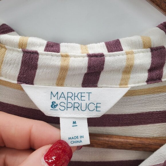 Market & Spruce Womens Striped Button Up Blouse Top Sz M Roll Tab Sleeve Pocket - Picture 5 of 8